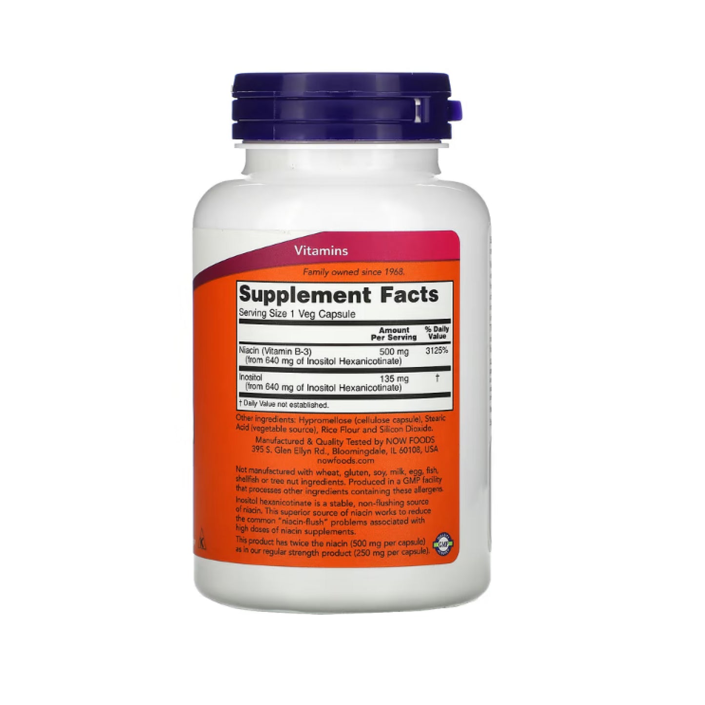 NOW Foods, Flush-Free Niacin, Double Strength, 500 mg, 90 Veg Capsules